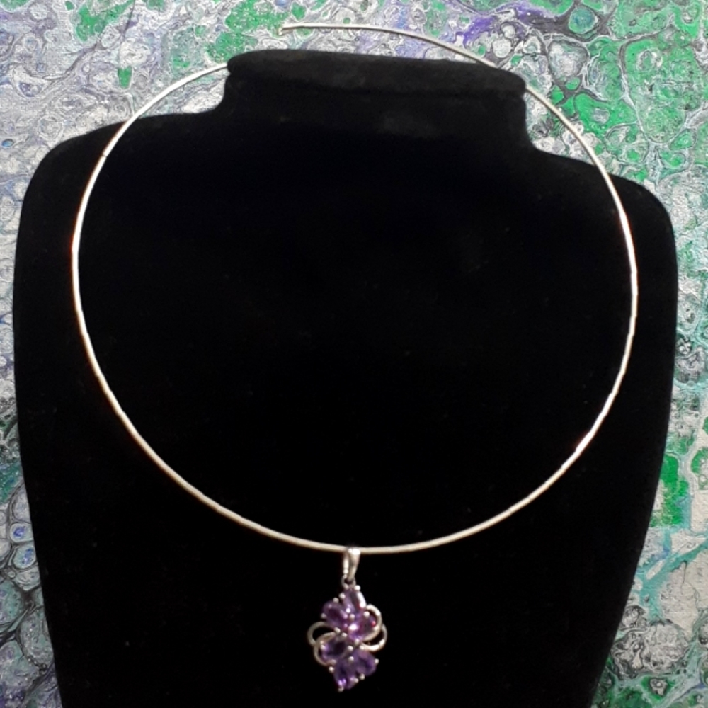 Hand Crafted Liquid Silver Memory Wire Choker Necklace with Amethyst Pendant